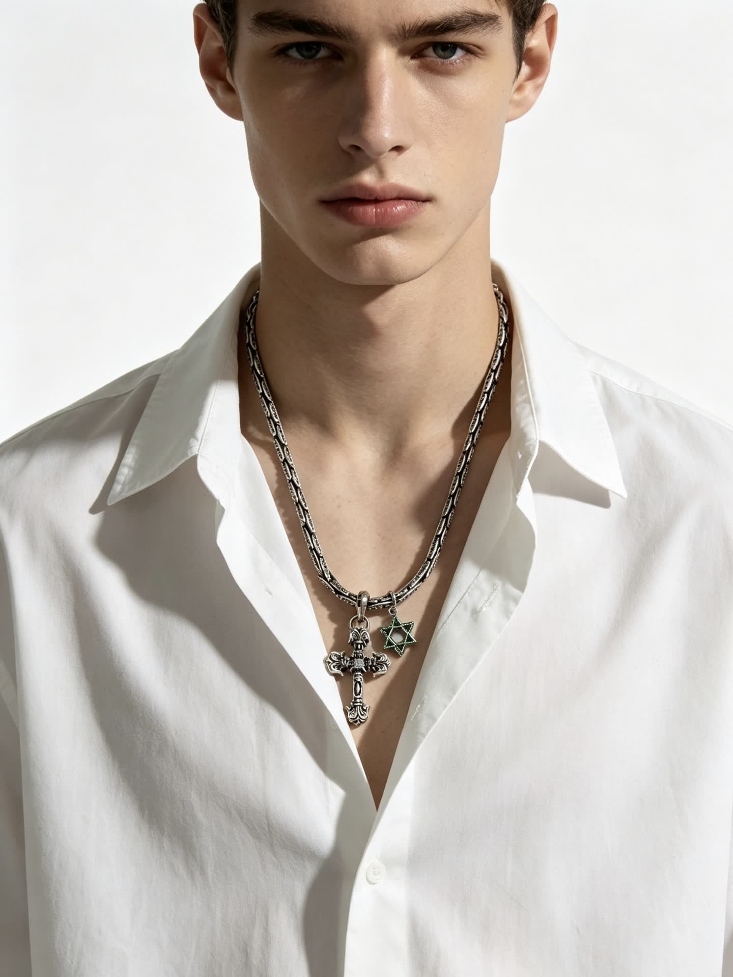Chrome Hearts Silver Cross and Star of David Pendant Necklace